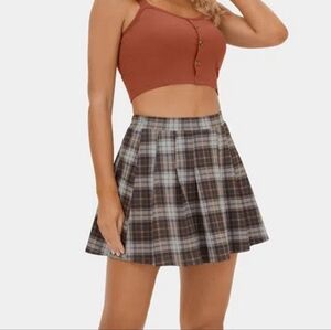 Halara High Waisted 2-in-1 Pleated Skirt Skort Brown Plaid School Girl Stretchy